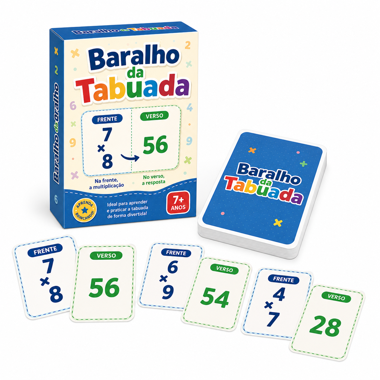 Caixa do Baralho da Tabuada com cartas de multiplicação espalhadas