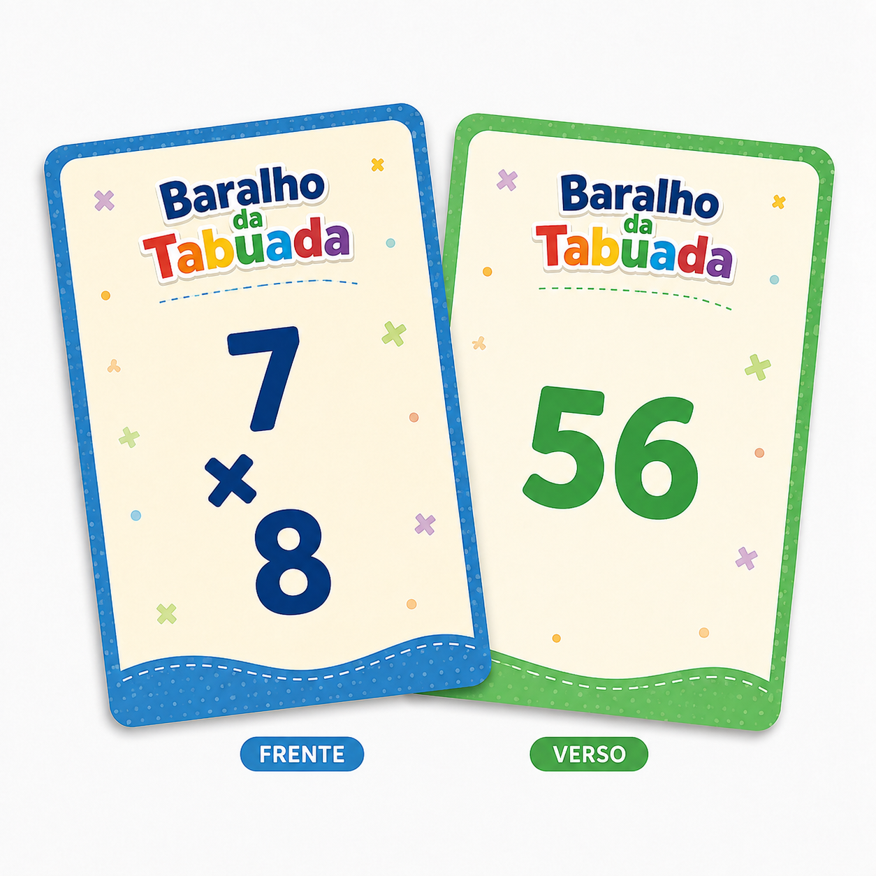 Carta com a conta 7 x 8 e carta com a resposta 56